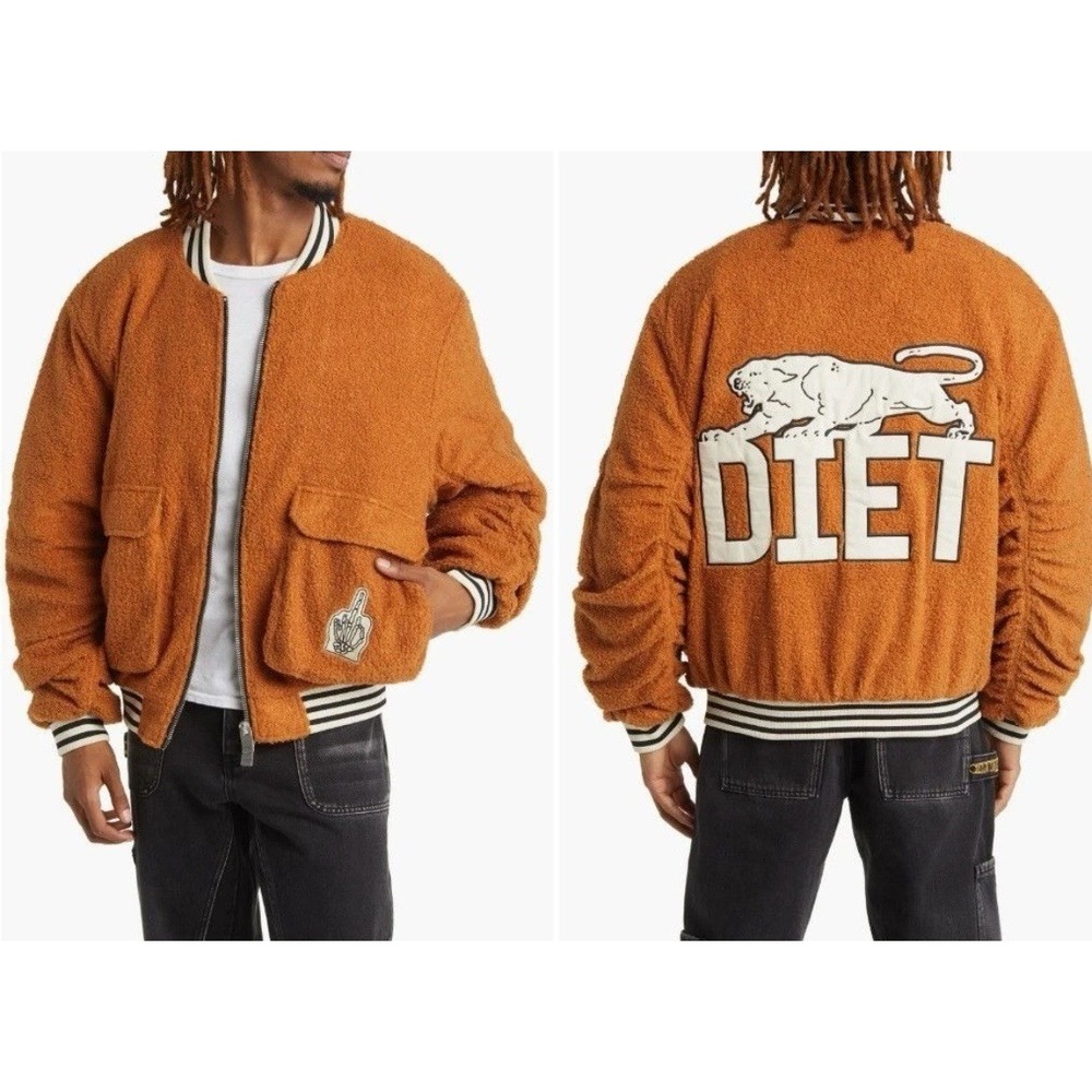 NWT Diet Starts Monday Orange High Pile Fleece Panther Bomber Jacket Mens Sz. XL